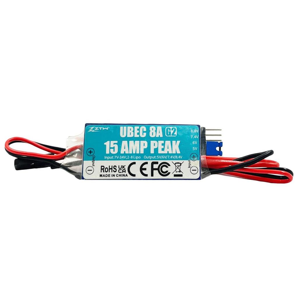 ZTW UBEC 8A G2 External BEC Adjustable Voltage 5V6V7.4V8.4V Peak 15A for RC Airplanes, Drones, Fixed Wings, FPV