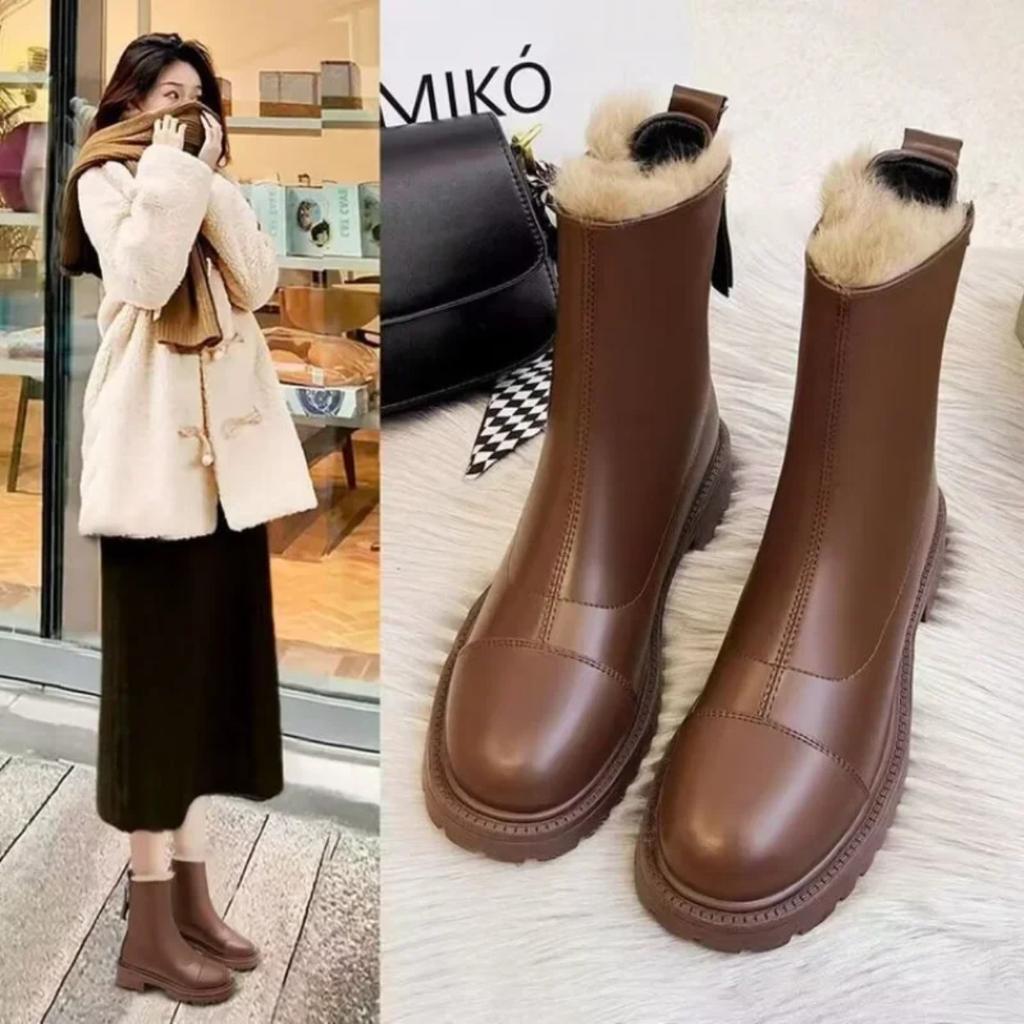 Fashion Leather Snow Boots for Women  New Waterproof Warm Plush Woman Shoes Punk Style Elegant Comfortable Cotton Booties