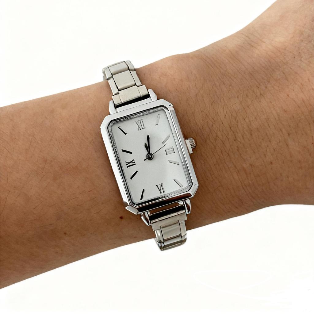 Ins Minimalist Ladies Quartz Watch Slim Stainless Steel Link Band Vintage Roman Numeral Dial Pastel Wristwatch Office Daily Gift