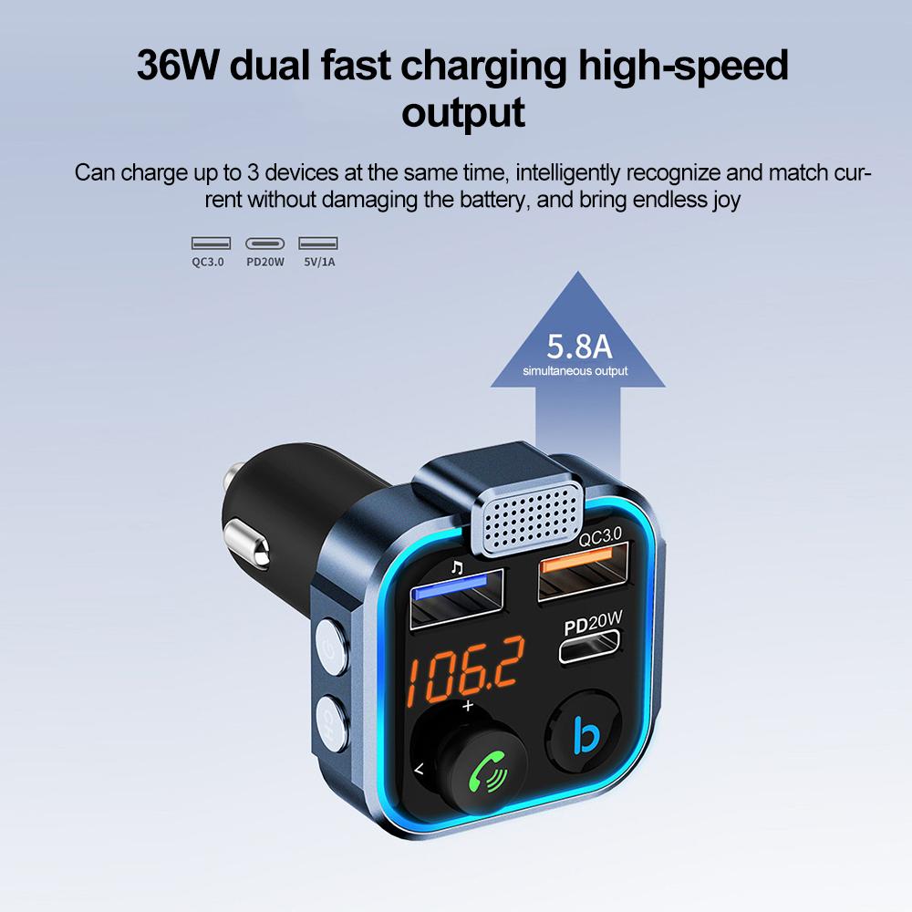 Bluetooth 5.0 Car FM Transmitter Handsfree Radio Handsfree MP3 Player Car Kit 20W PD QC3.0 Quick Charge Dual USB Charger Adapter