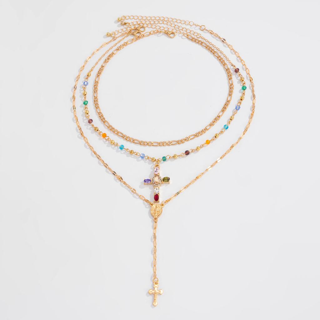 3Pcs/Set Colorful Crystal Cross Pendant Necklace for Men Hip Hop Adjustable Choker Collar Chain Christian Jewelry Accessories