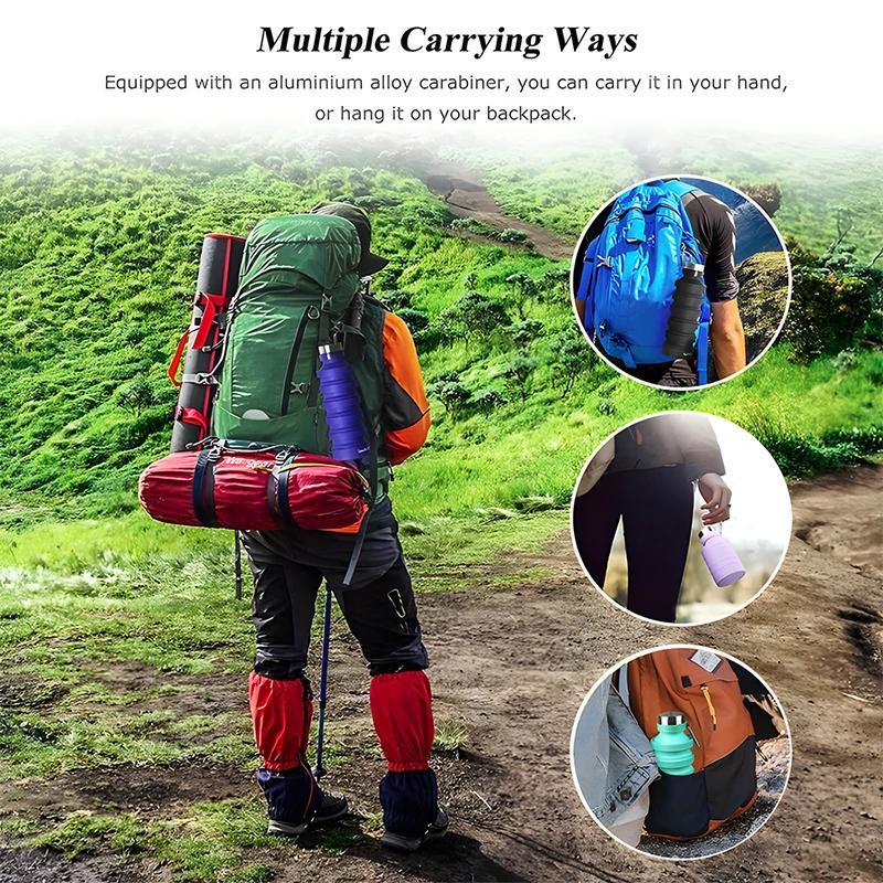 Foldable Silicone Water Bottle Collapsible Drink Bottle for Travel Gym Camping Hiking Lightweight Athletic Bottle with Carabiner