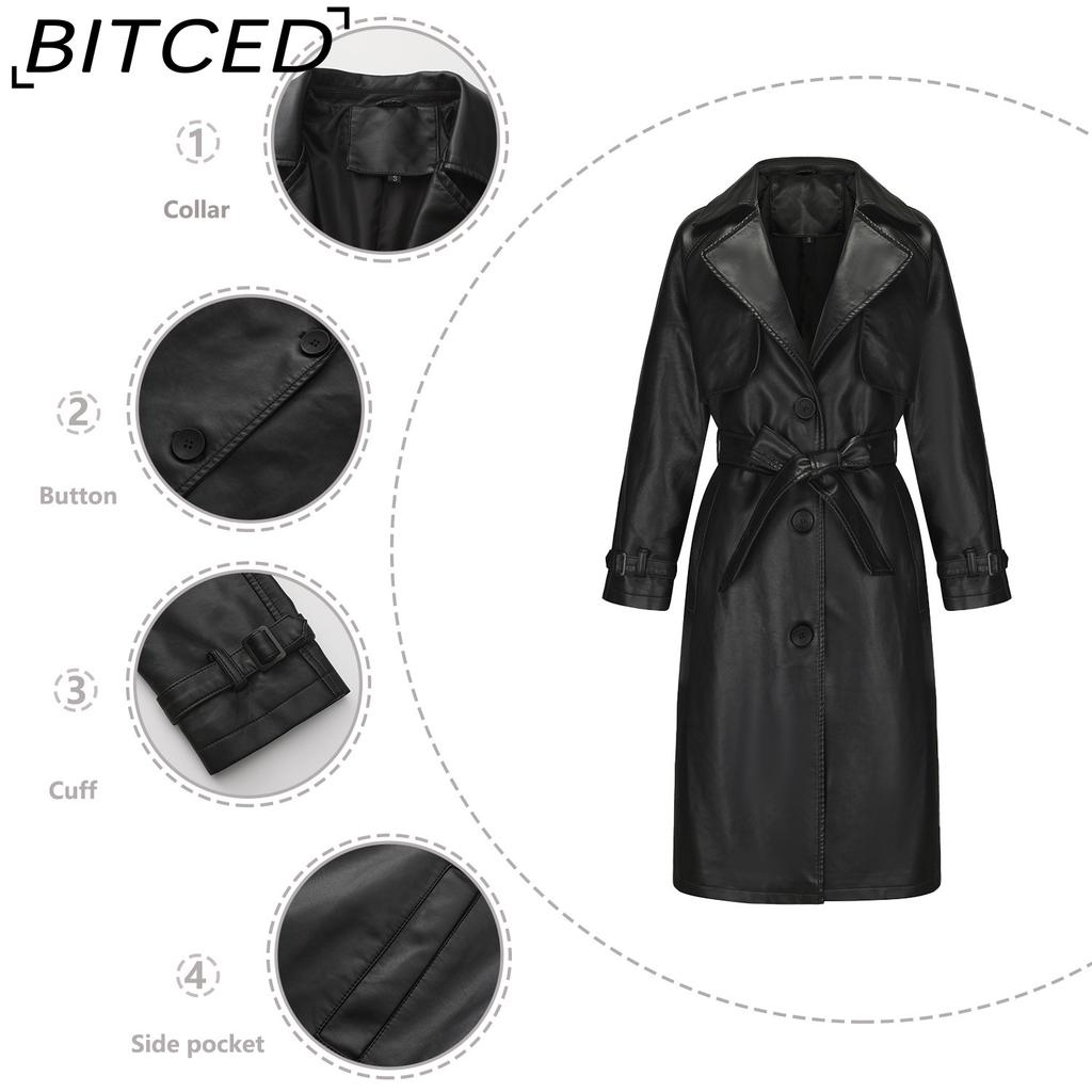 BITCED Spring/Autumn Women's Trench Coat - Long, Loose-Fit Jacket In PU Leather Classic Women's Collared Coat with Belt