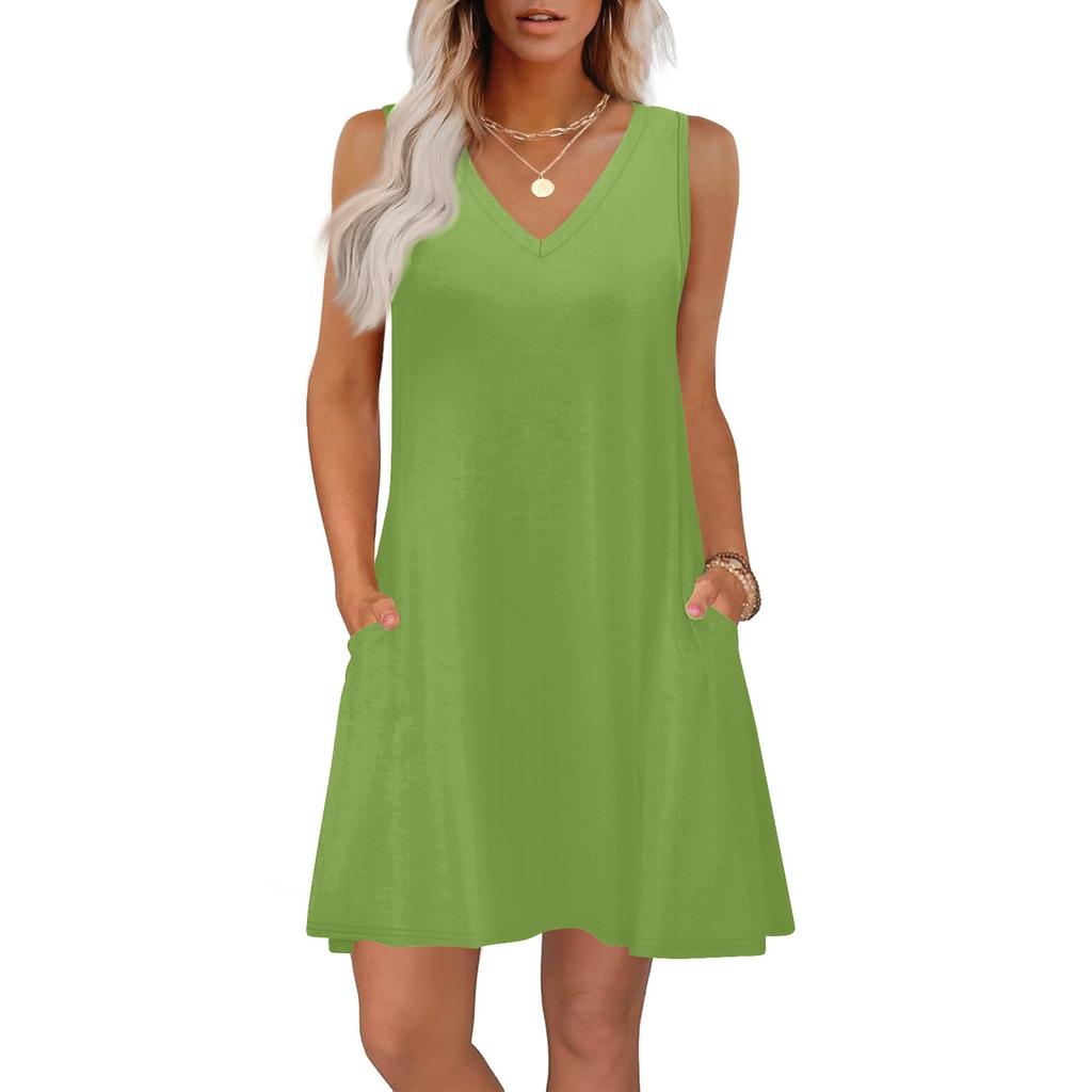 Women's Summer Dresses Loose Fit Solid Color V Neck Sleeveless Sundresses Beach Hawaiian Dress With Pockets