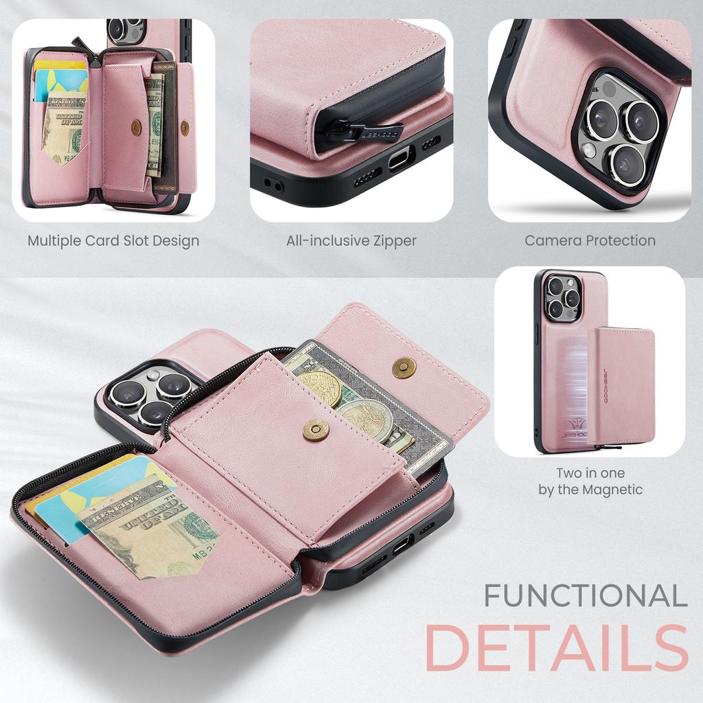 Magnetic Zipper Wallet Leather Case for iPhone 15 Pro Max 16 Pro 14 Plus 13 12 Mini 11 Xs Max X XR 7 8 SE3 Detachable Card Cover