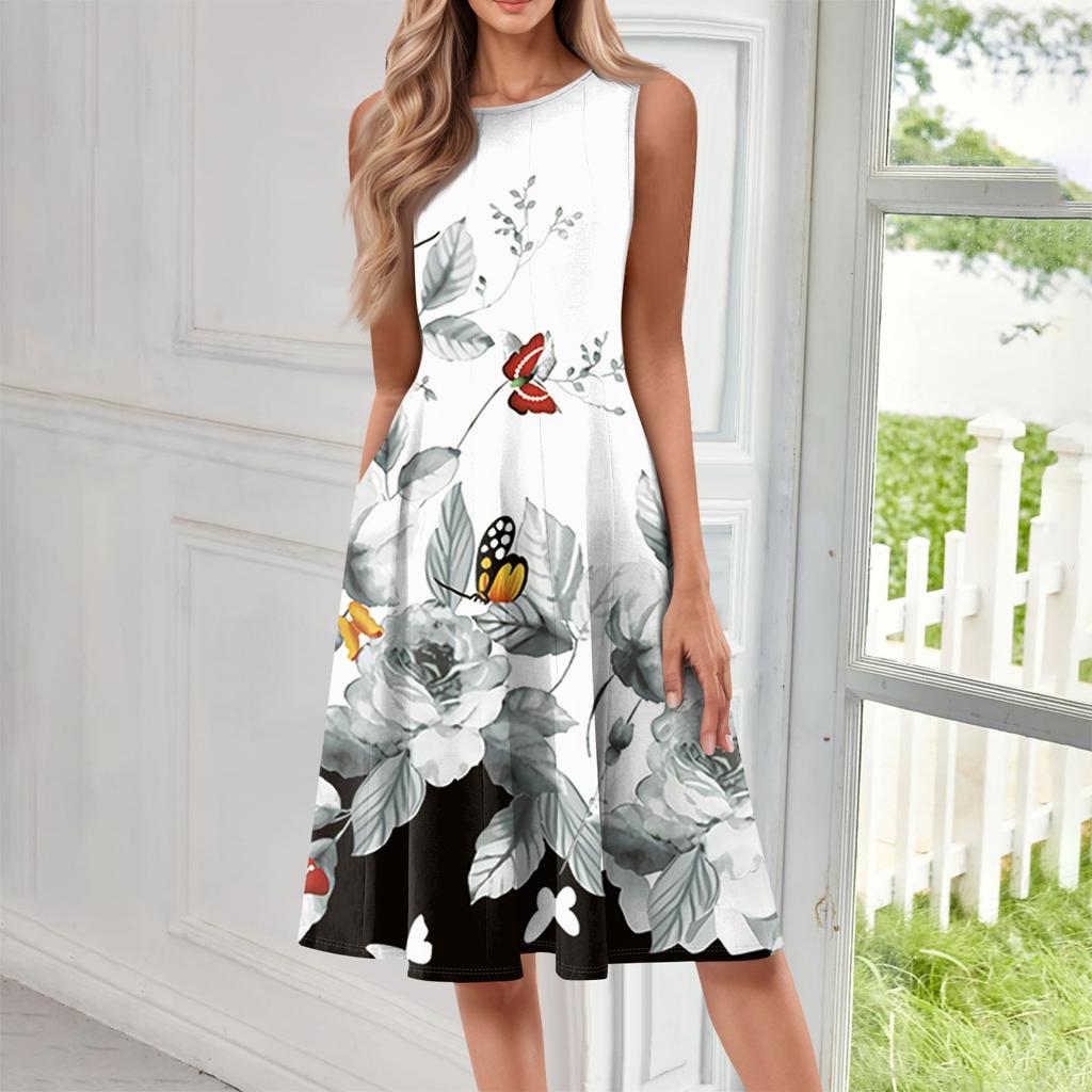 Женское модное повседневное платье-пуловер с круглым вырезом без рукавов и принтом средней длины