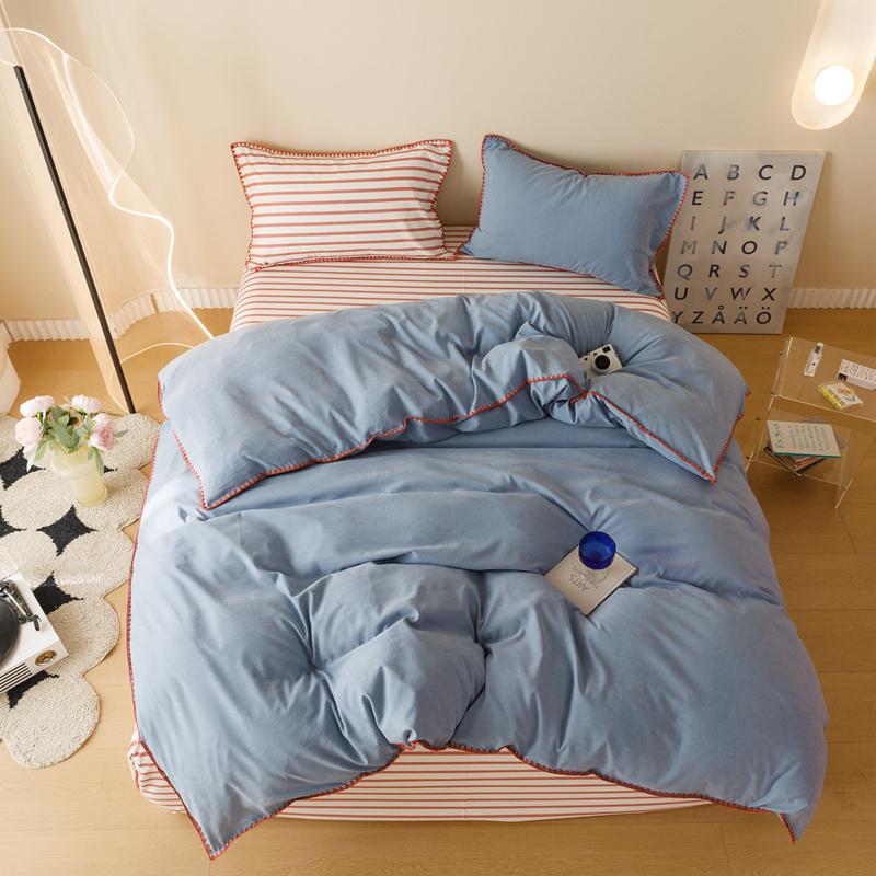 Purple Blue Bedding Set Protein Durable Washed Cotton Color Block Shell Embroidery Comforter Cover Full Size with Pillowcases