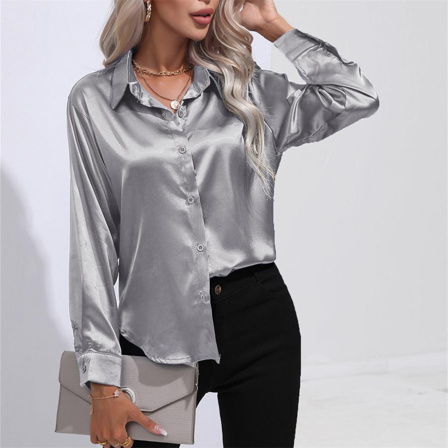Spring Autumn Satin Blouse Imitation Silk Long Sleeve Shirt for Women's Plus Size Loose Tops