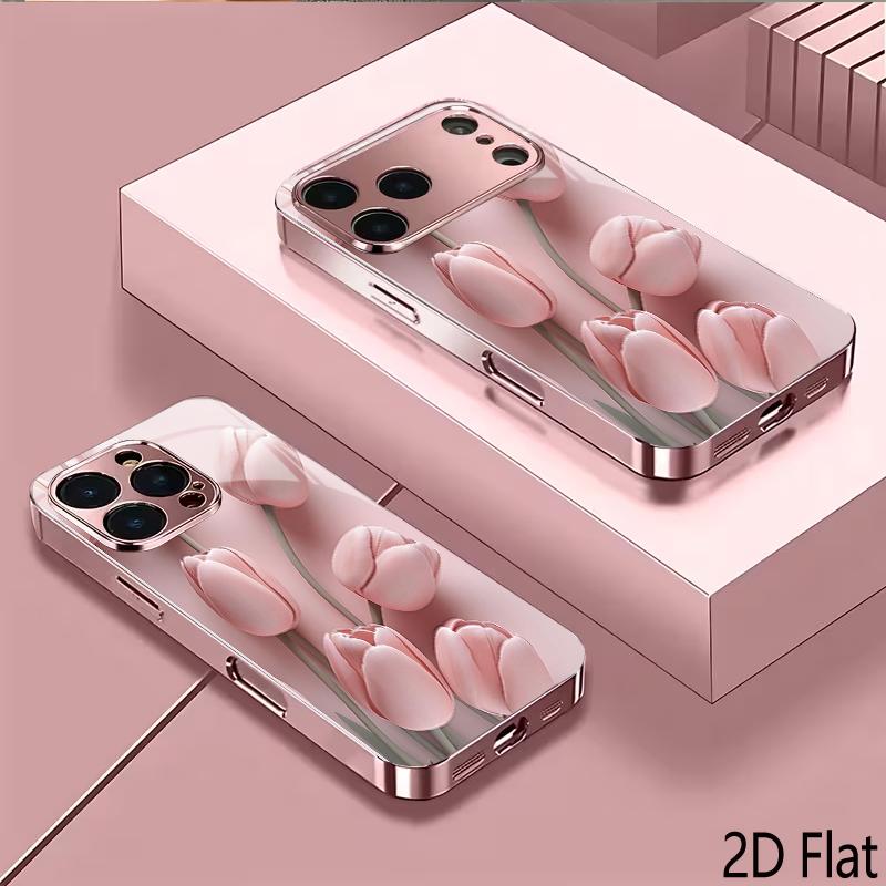 KTulips 2DFlat Для iPhone17 18 16 15 14 13 12 11 Pro Max XS XR 8 7Plus Чехол для телефона Ударопрочный Защитная задняя крышка