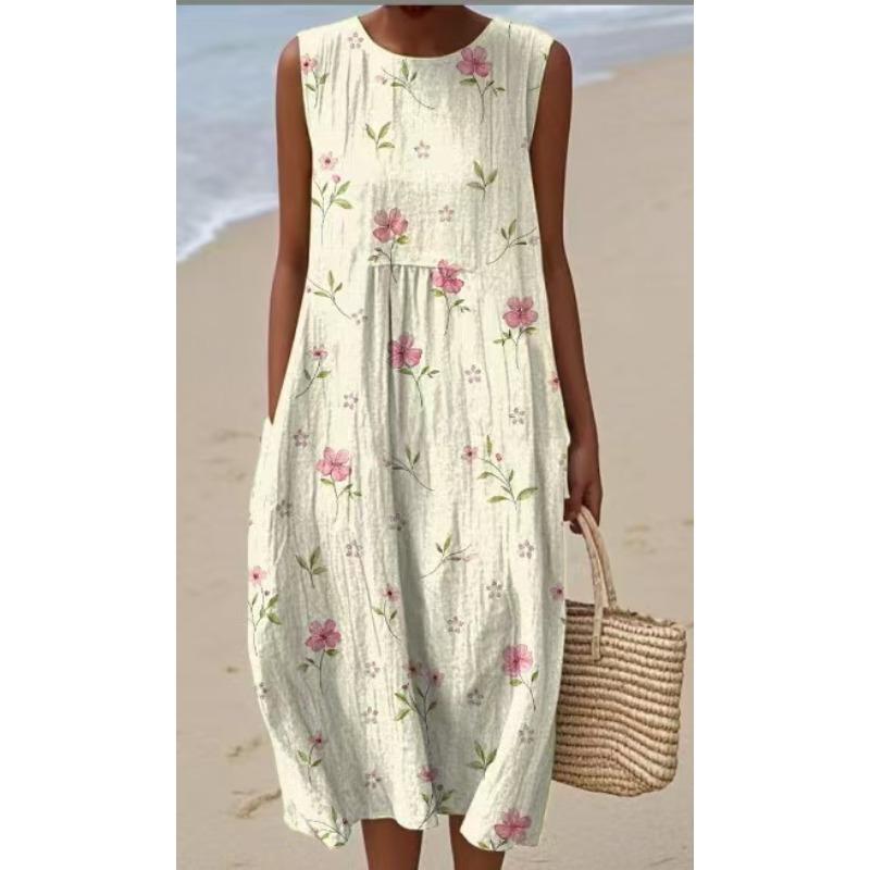 LYRIA 3D Print Roundneck Lightweight Dress Sleeveless Summer Beach Dress Casual Fashion A-Line Dress Women Elegant Floral Dresses