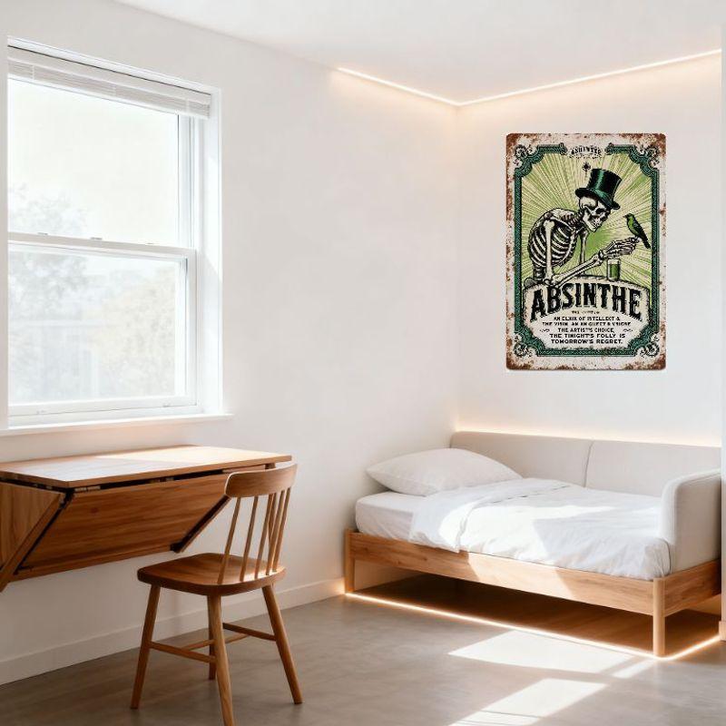 Винтажная металлическая вывеска Absinthe, Скелет с птицей, Потертое рустикальное настенное искусство для бара, мужской комнаты, домашнего декора