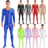 Mens Glossy Smooth Full Body Leotard Bodysuit Jumpsuit Long Sleeve Bodystocking for Sports Fitness Rave Party Clubwear