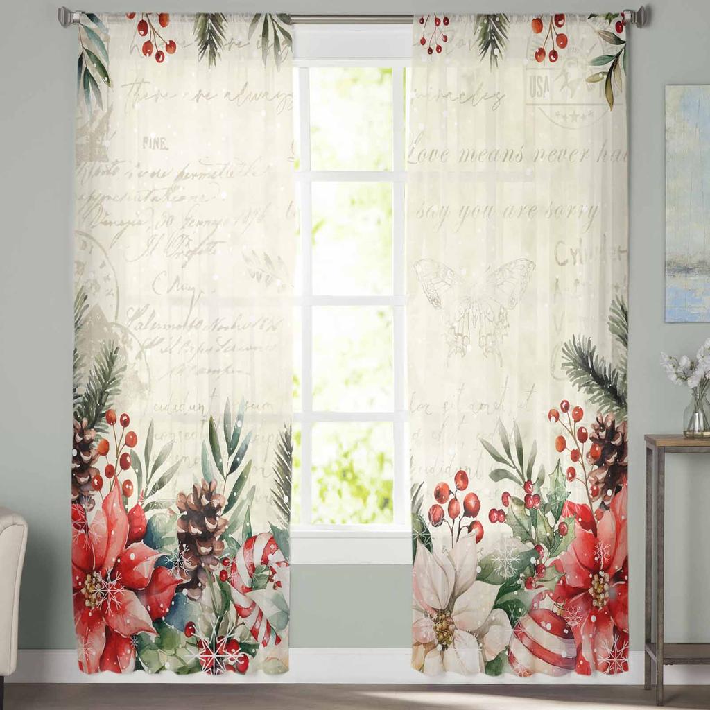 Christmas Poinsettia Berry Curtains For Living Room Bedroom Home Decoration Window Voile Tulle Curtain Drapes
