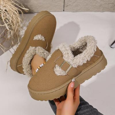 2025 Новые женские зимние ботинки на платформе с пряжкой, однотонные ботильоны, женская зимняя удобная мягкая обувь с коротким плюшем, теплая