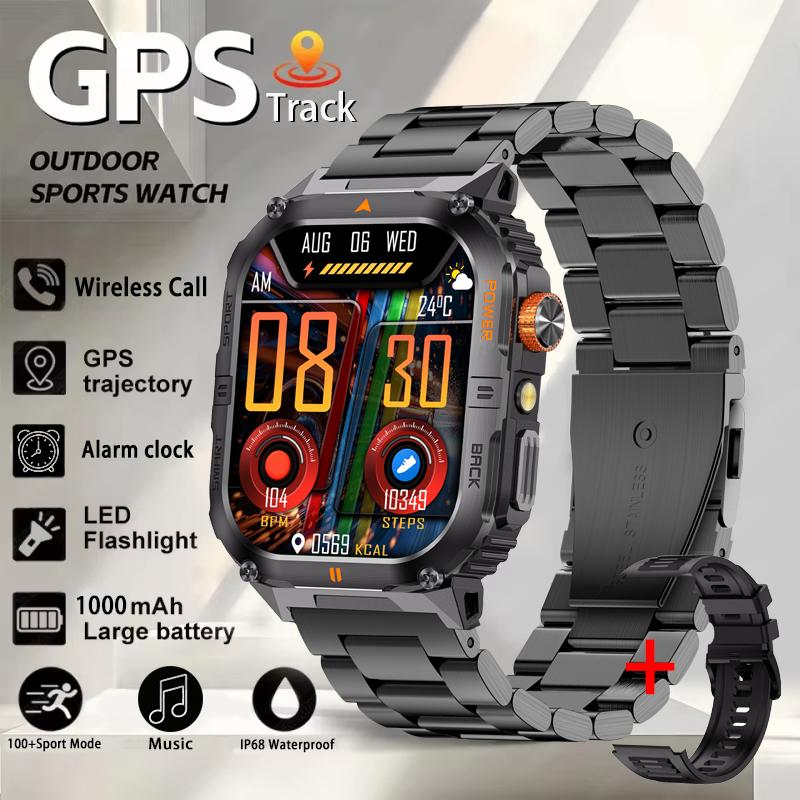 Новые мужские военные умные часы со встроенным GPS, большая батарея 1000 мАч, водонепроницаемость IP68, светодиодный фонарик, HD Bluetooth-звонки