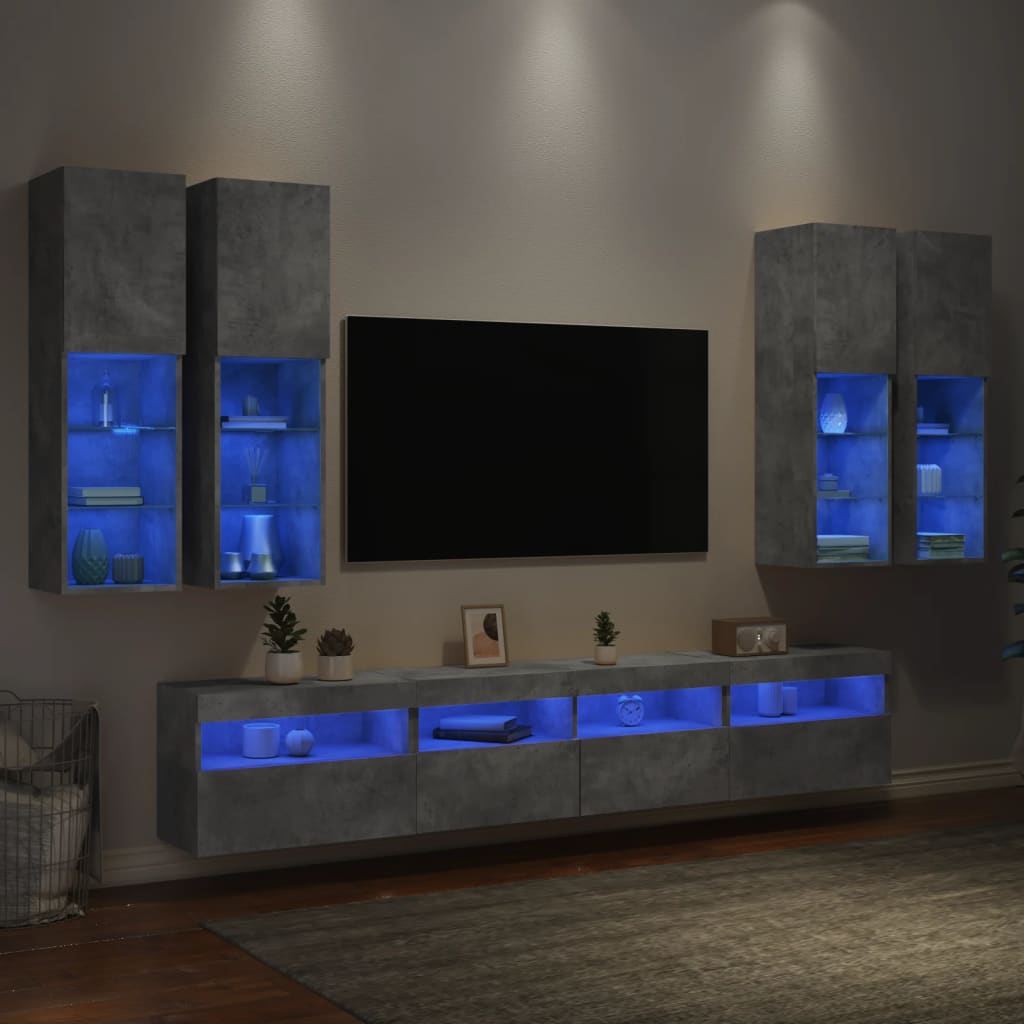 7 piece TV wall unit with LED lights concrete grey