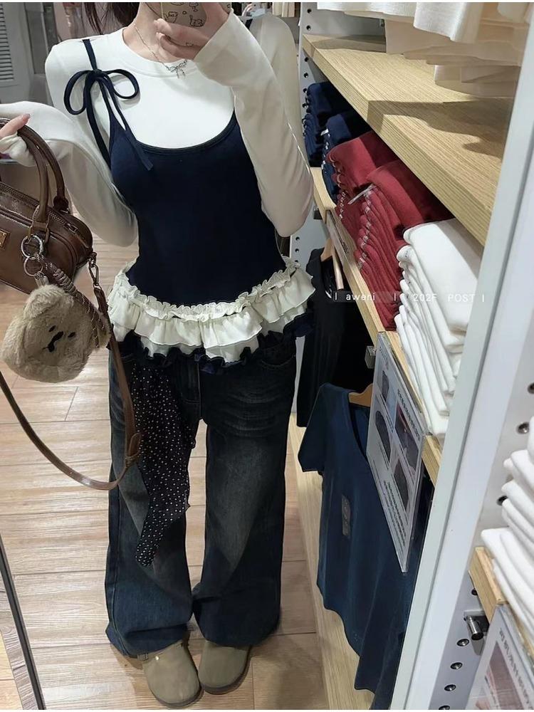 Корейские женские футболки Fake Two Chic Tees Длинные рукава О-образный вырез Оборки Милые майки Бандаж Повседневные футболки Y2k