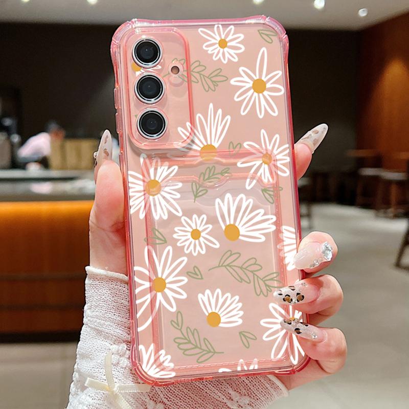 Чехол-карман с отделениями для карт для Samsung Galaxy A56 A55 A25 A16 A15 A36 5G S25 Edge S24 Ultra S23 S24 FE Мультяшный Белый Цветок ТПУ Чехол