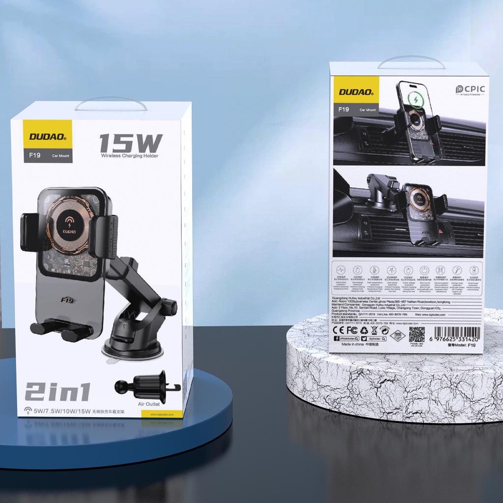Автомобильное крепление Dudao F19 и беспроводное зарядное устройство 15 Вт — черный