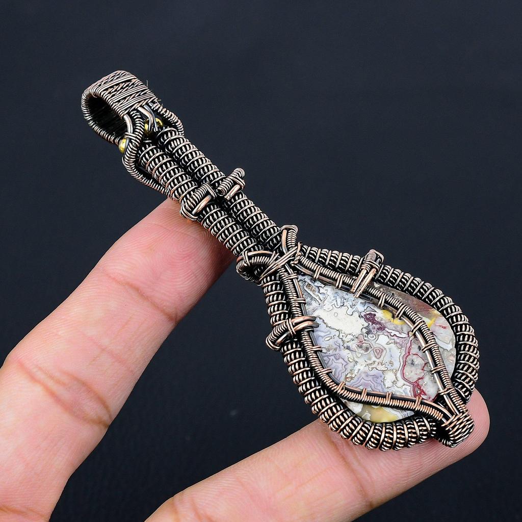 Сумасшедший кружевной агат, драгоценный камень, чистая медная проволока, обернутая подвеской ручной работы, ювелирные изделия