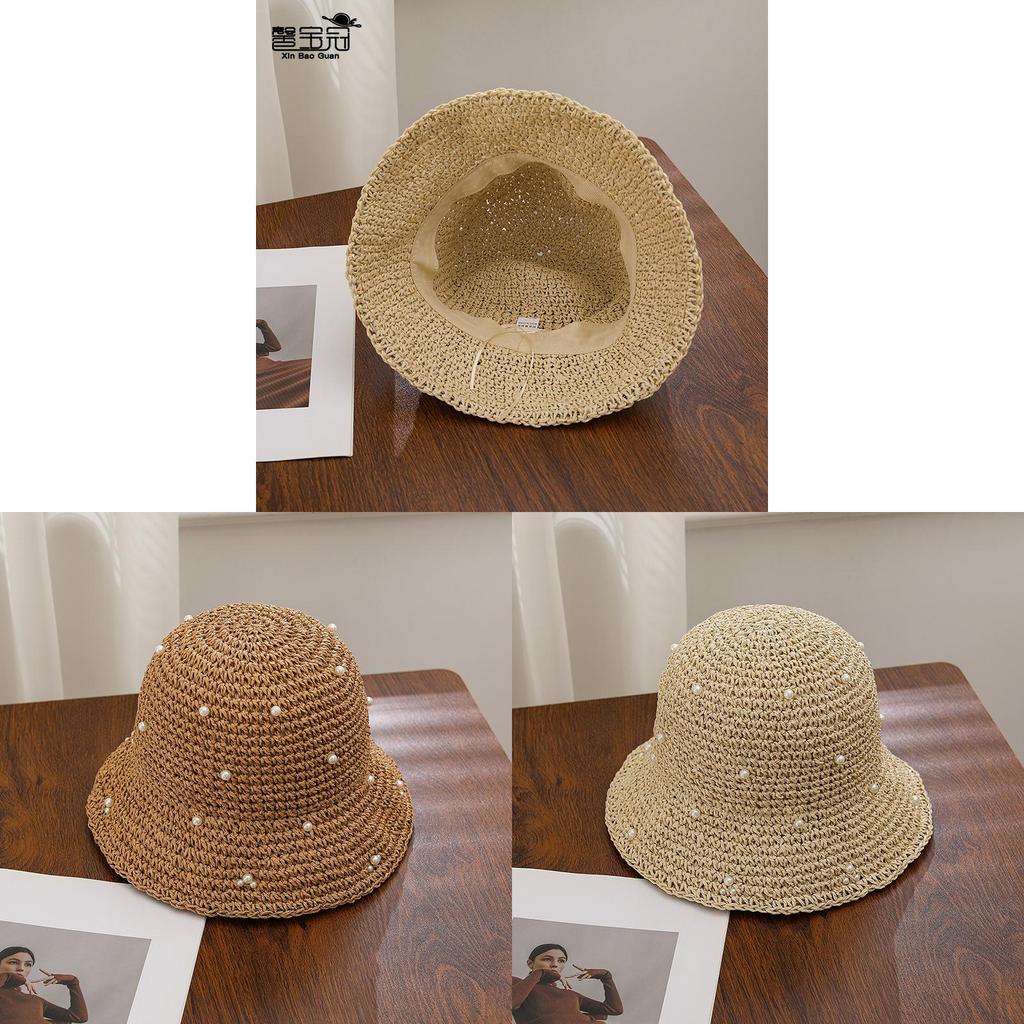 Summer Straw Hat For Women With Pearl Decor And Wide Brim Sunshade For Outdoor Sun Protection