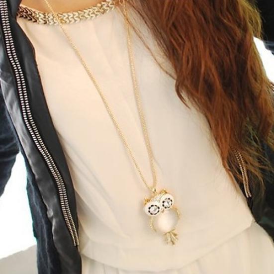 Женщины блестящие горный хрусталь милая сова длинная цепочка кулон свитер ожерелье ювелирные изделия