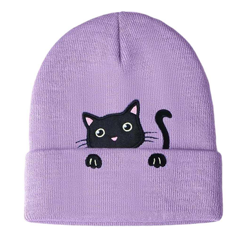 Knit Skull Hat with Embroidered Lovely Kitten Hat Knit Caps for Unisex Pullover Cartoon Hat Embroidered Skull Caps