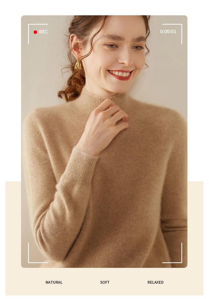 Women's Cashmere Half-High Collar Sweater: Autumn/Winter, Thick, Simple, Loose, Slimming Knitwear