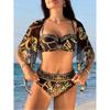 Summer Women's 3-Piece Swimsuit Set Sexy Backless Bikini Sets with Floral Print Cover-Up Holiday Beachwear Outfit