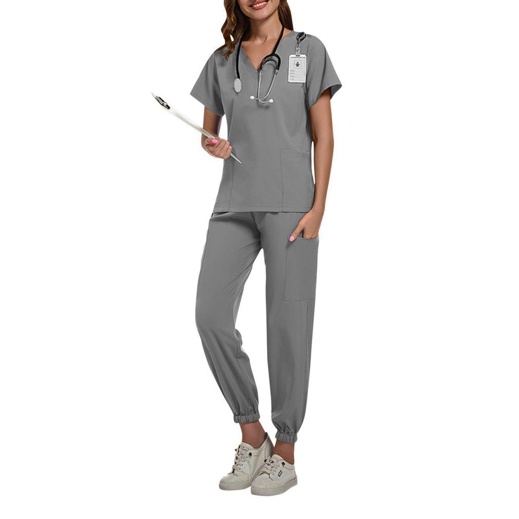 Ladies' Two-piece Set Short Sleeved Solid Color Pocket Top Pants Work Clothes Two-Piece Set