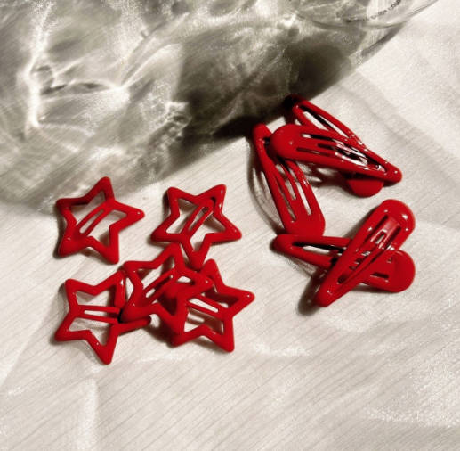 Red Resin Star and Teardrop Hair Clips Set of 10 - Cute Side Clips for Women Girls Daily Wear Festive Party Accessories