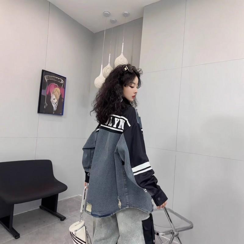 Womens Denim Shirt 2026 Streetwear Color Block Letter Print Loose Distressed Button Up Top