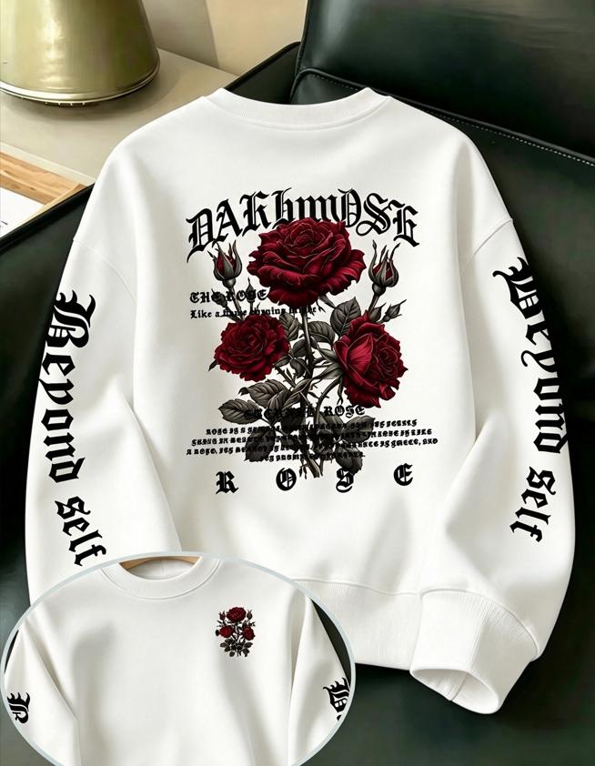 Dark Rose Hoodie Unisex Oversized Pullover Back Sleeve Gothic Red Rose Print Sweatshirt Punk Streetwear Autumn Long Sleeve