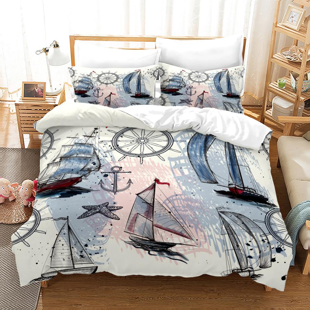 3D Sailing Themed Bedding Set, Anchor Duvet Cover Pillowcases 2/3pcs Soft Quick Drying Cover Set Boys' Teens Gift