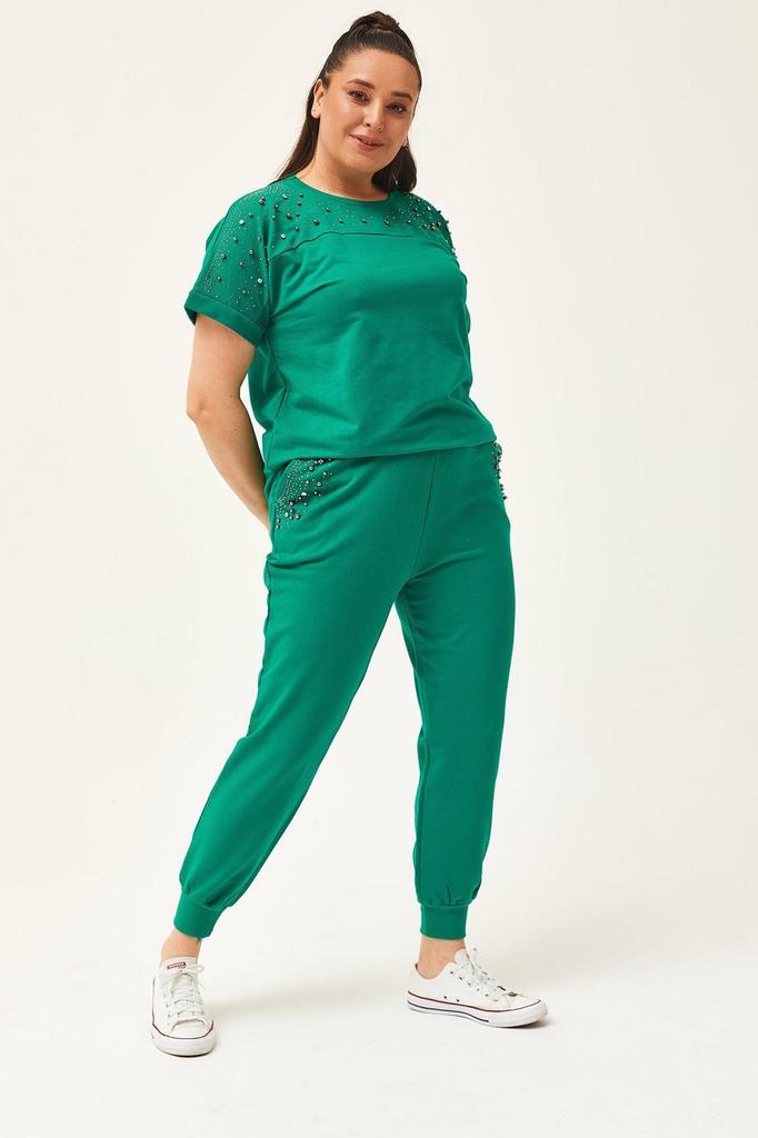 Женский модный спортивный костюм большого размера, летний зеленый спортивный костюм большого размера с камнями и бисером, с короткими рукавами