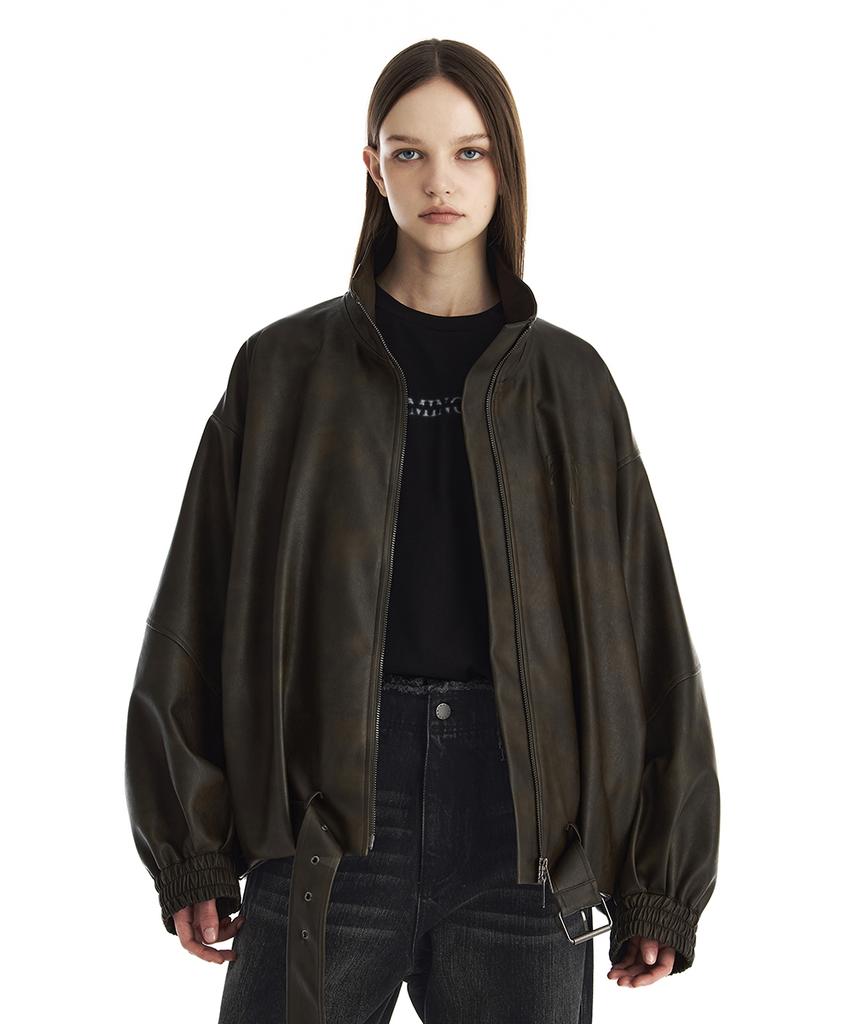 Treemingbird Belted Oversized Leather Blouson [ Brown ]