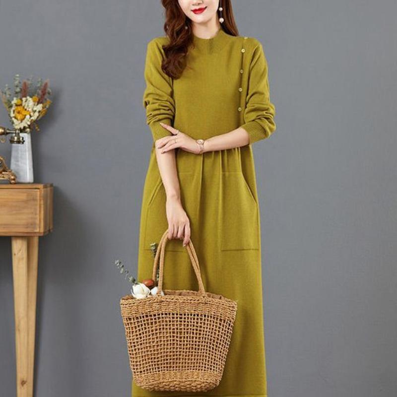 Осенне-зимняя вязаная женская длинная юбка до колена с пальто под и внешним карманом и пуловером с круглым вырезом