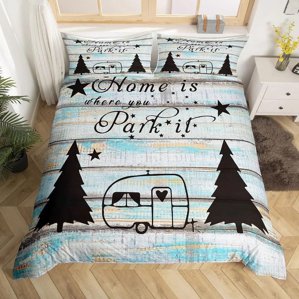 Happy Camping Duvet Set Retro Style Bedding Set Three-Piece Set