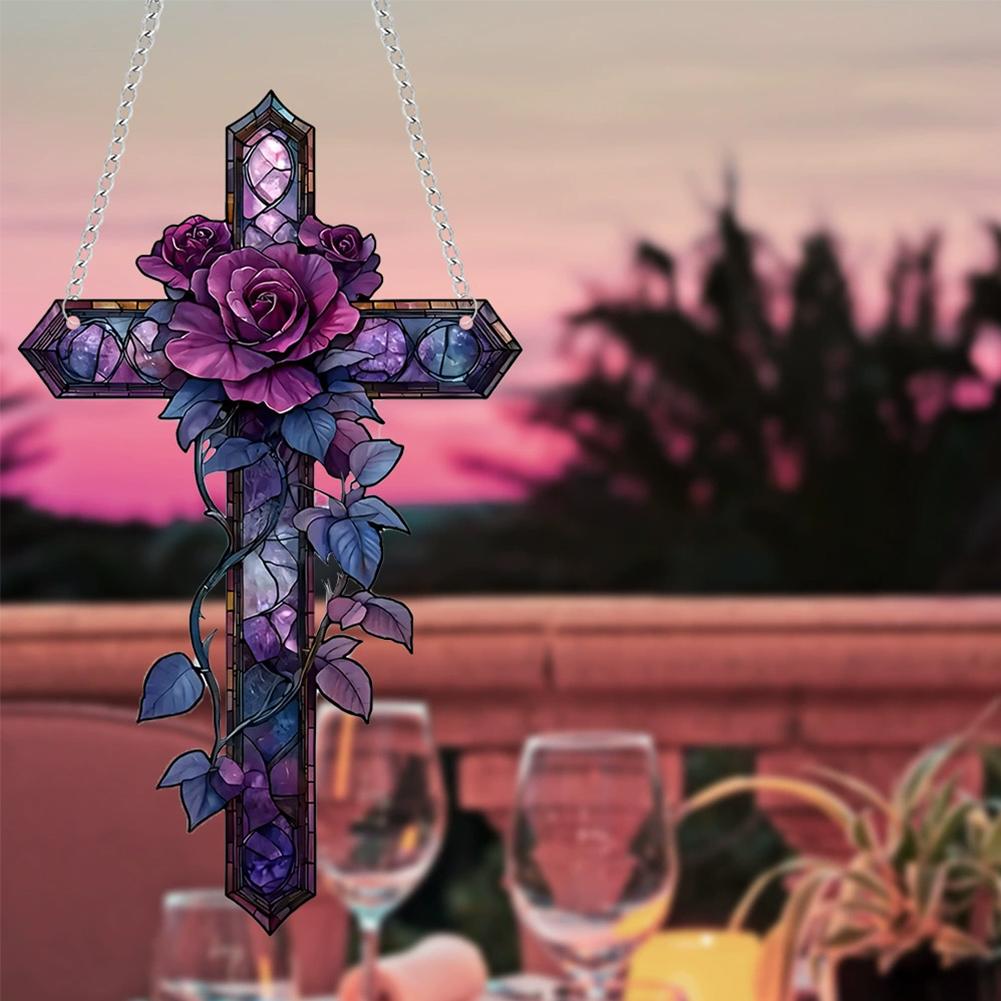 Purple Rose Cross Sun Hanging Ornament Suncatcher Hanging Ornament Tree Handmade Gift Decor Chr C6T6