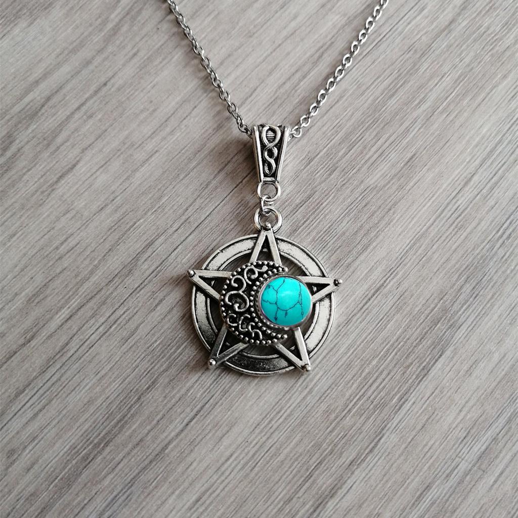 Charm Gothic Silver Color Five-pointed Star Hollowed-out Crescent Purple Crystal Pendant Necklace for Women Halloween Jewelry