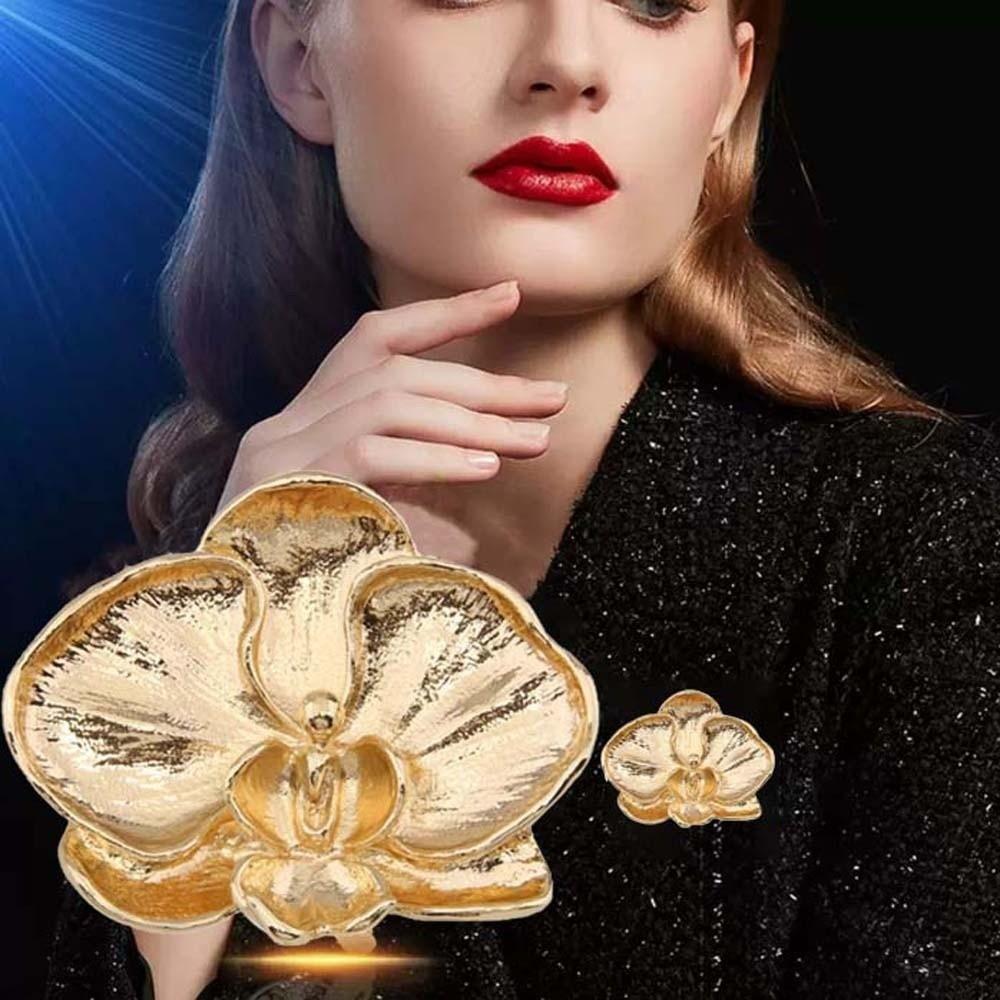 Vintage Orchid Flower Brooch Corsage Ornament Metal Glossy Brooch Butterfly Orchid Pin  Banquet