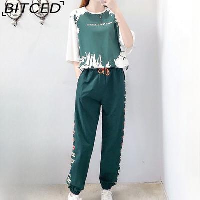 Повседневный спортивный комплект для женщин, свободные летние брюки-харен, длинные, короткие рукава, студенческий комплект из двух предметов