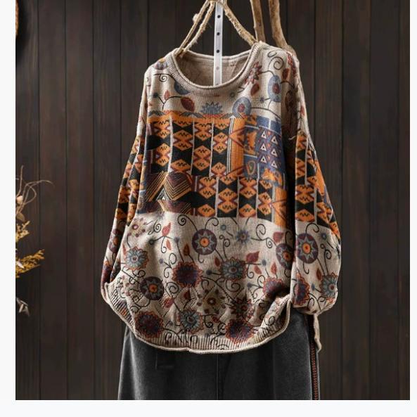 Зимний ретро цветной хлопковый трикотажный свитер женский свободный большой доски личность повседневный пуловер с круглым вырезом