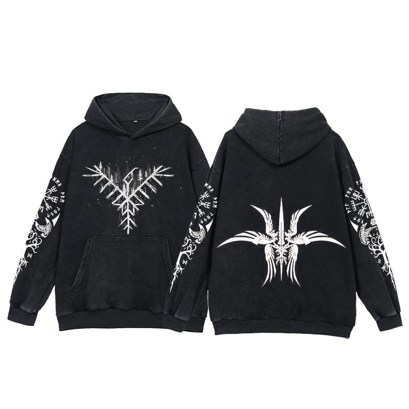 2024 Viking Hoodies Men Tattoo Print Acid Wash Hoodie Cotton Loose Long Sleeve Pullover Vintage Oversized Casual Hooded Sweatshi