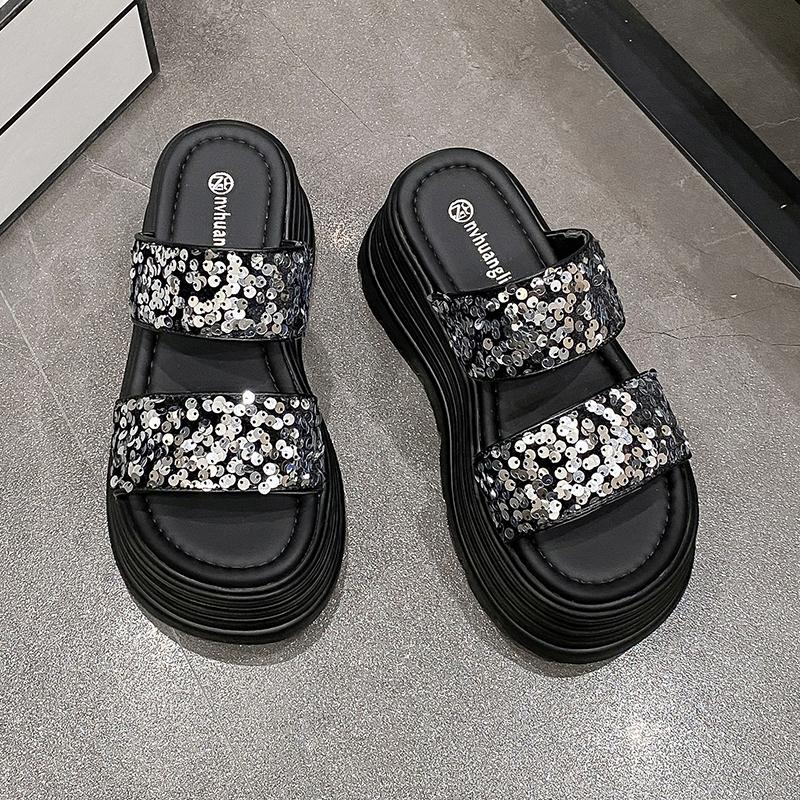 Fashion 8.5CM Bling Woman Platform Sandals Ladies Elegant Medium Women's Shoes Flats Summer Sandals Women Designer Shoes Girls slippers