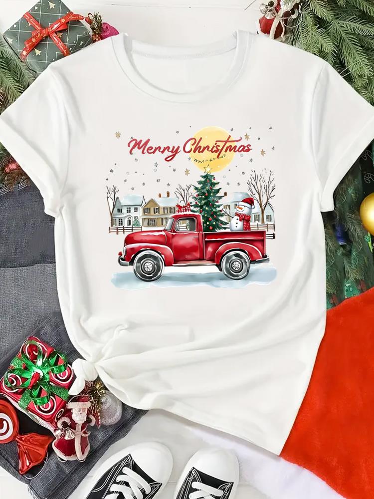 (Asian Size) Print Merry Christmas O-neck Women's Top New Year T Clothing Lovely Cute 90s Short Sleeve T-shirts Fashion Holiday Graphic Tee