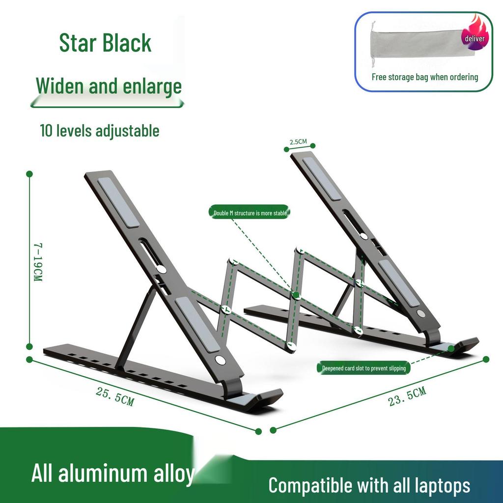 Aluminum Alloy Laptop Stand: Portable Folding Riser with Heat Dissipation and Adjustable Height.