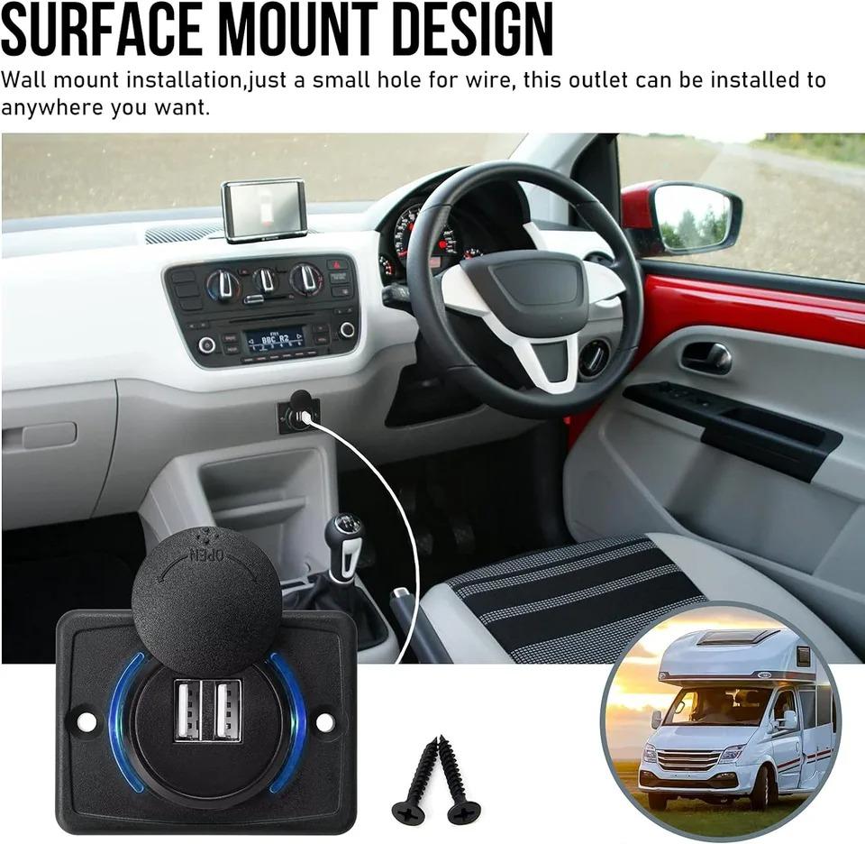 Dual USB 3.0 Car Charger Socket with Blue Indicator Light and Cap 12/24V Power Outlet for Car Boat Vehicle Bus RV ATV Phone Charger Adapter Panel