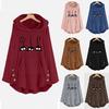 Womens Fleece Cat Embroidery Plus Size Warm Hoodie Top Button Sweater Blouse