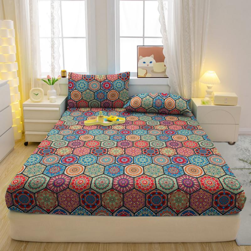Simple 3-Piece Modern Bohemia Pattern Matte Three Piece Fitted Sheet Set, Bedroom Printed Bed Cover Set, Bedding